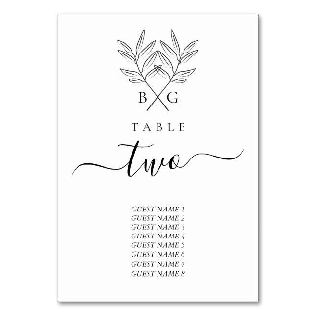 Minimalist Botanical Rustic Monogram Wedding Table Number (Front)