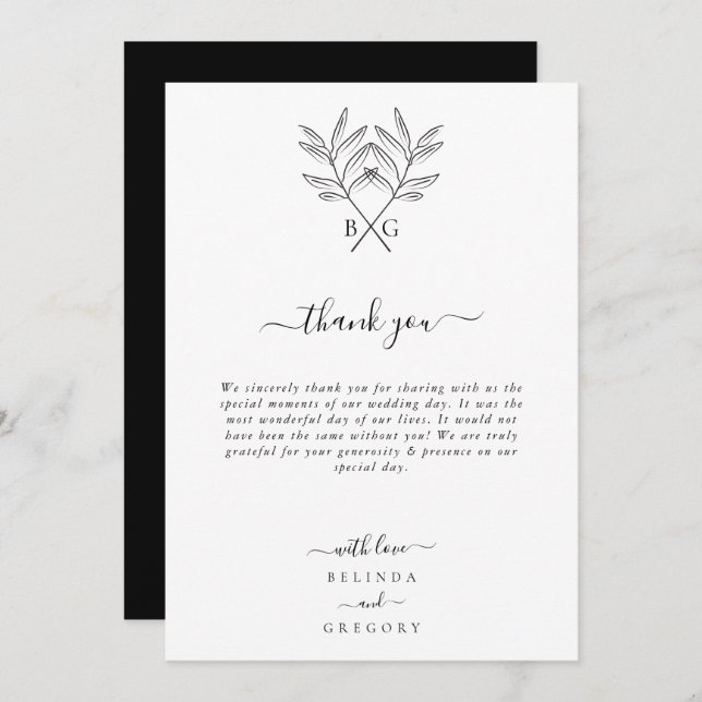 Minimalist Botanical Rustic Monogram Wedding Thank You Card (Front/Back)