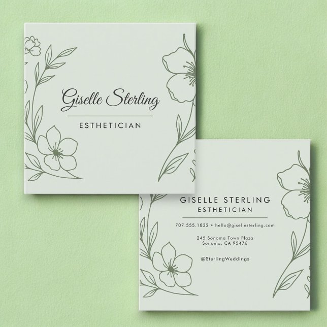Minimalist Botanical Sage Green Aesthetician Square Business Card (Creator Uploaded)