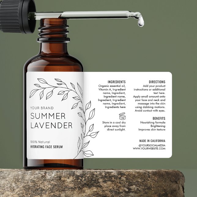 Minimalist Botanical Skincare Dropper Bottle Label (Minimalist botanical cosmetic bottle wrapper label design with fully editable text, colors & layout)