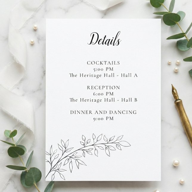 Minimalist Botanical Wedding Details Card Black (Creator Uploaded)