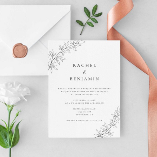 Minimalist Botanical Wedding Elegant Black White  Invitation (Creator Uploaded)