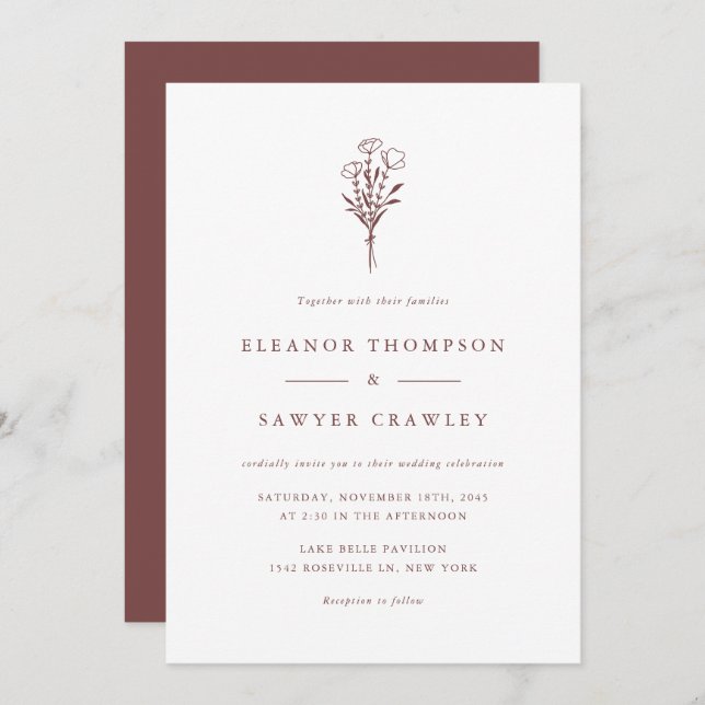 Minimalist Botanicals Mauve Wedding Invitation (Front/Back)