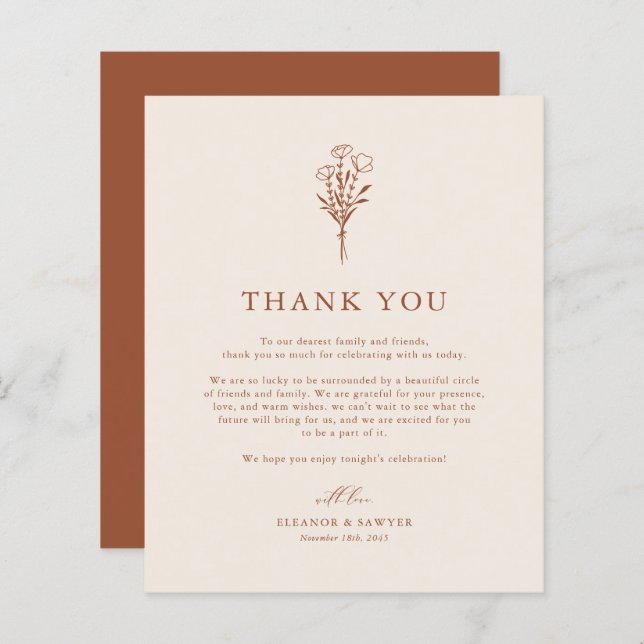 Minimalist Botanicals Terracotta Wedding Thank You (Front/Back)