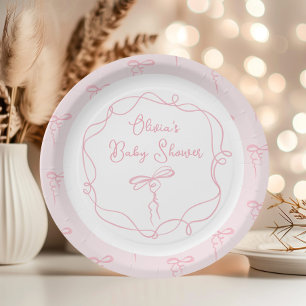 Minimalist bow pink modern wavy frame baby shower paper plate