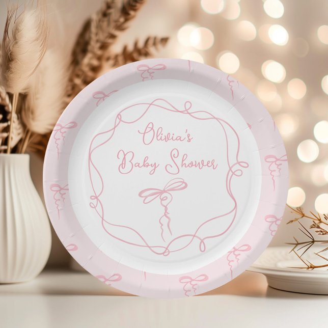 Minimalist bow pink modern wavy frame baby shower paper plate (Creator Uploaded)