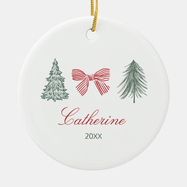 Minimalist Bow & Tree Design Custom Keepsake Ceramic Ornament (Front)
