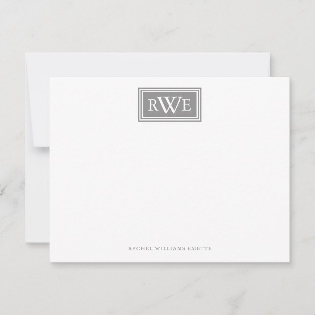 Minimalist Box Border Initial Grey Silver Monogram Card (Front)