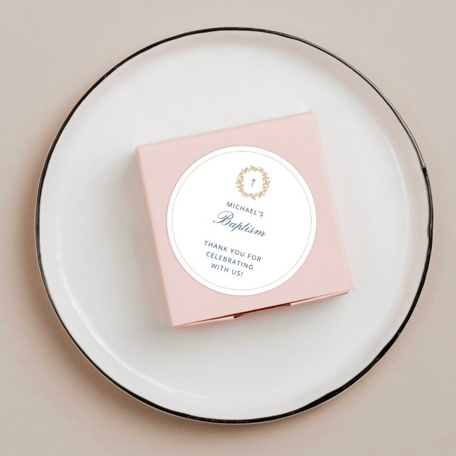 Minimalist Boy Baptism Christening Golden Wreath Classic Round Sticker (Creator Uploaded)