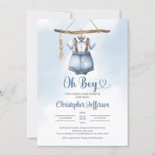 Minimalist Boy Blue Denim Clothes Baby Shower Invitation