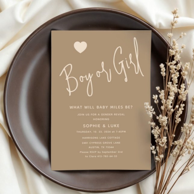 Minimalist Boy or Girl Brown Gender Reveal Invitation (Creator Uploaded)