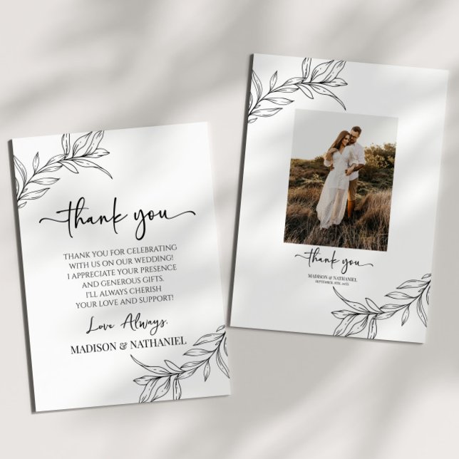 Minimalist Branch Leaf Custom Picture Wedding Thank You Card (Creator Uploaded)