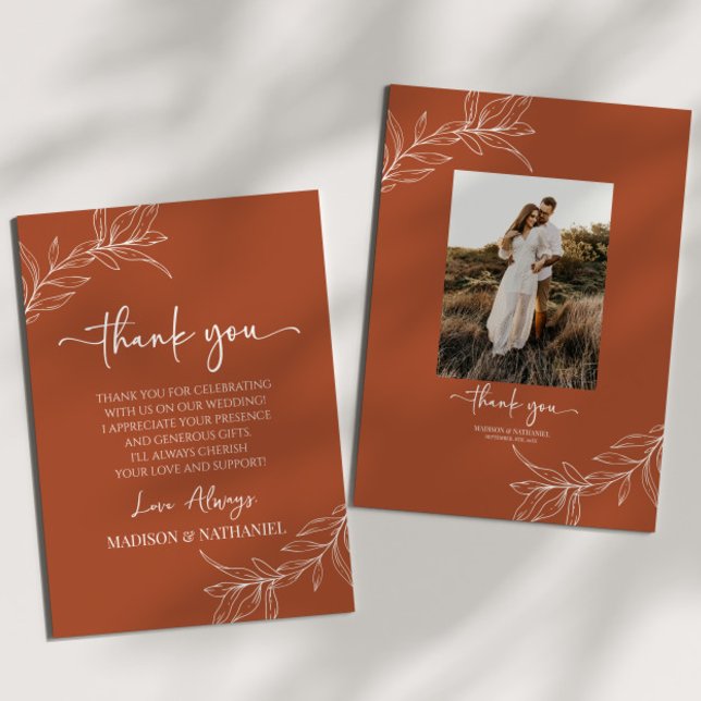 Minimalist Branch Leaf Custom Picture Wedding Thank You Card (Creator Uploaded)