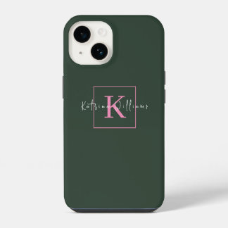 Minimalist Branding Logo Dark Green Pink Monogram iPhone 14 Case