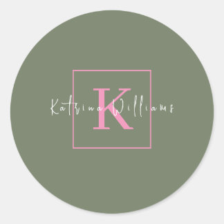 Minimalist Branding Logo Sage Green Pink Monogram Classic Round Sticker