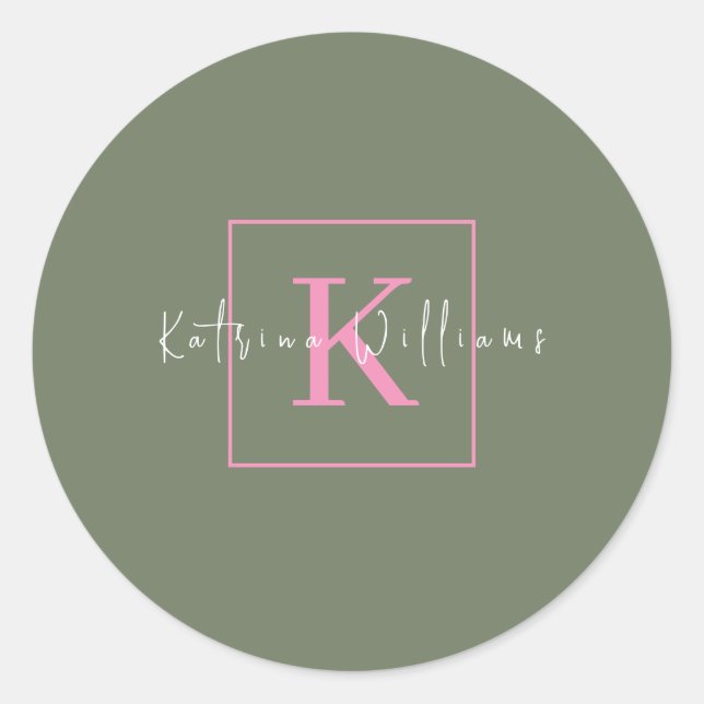 Minimalist Branding Logo Sage Green Pink Monogram Classic Round Sticker (Front)