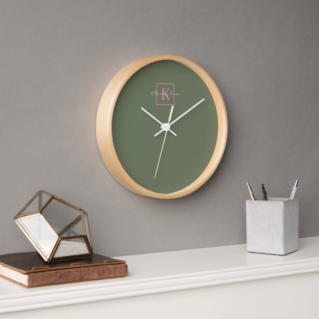 Minimalist Branding Logo Sage Green Pink Monogram Clock (Office)