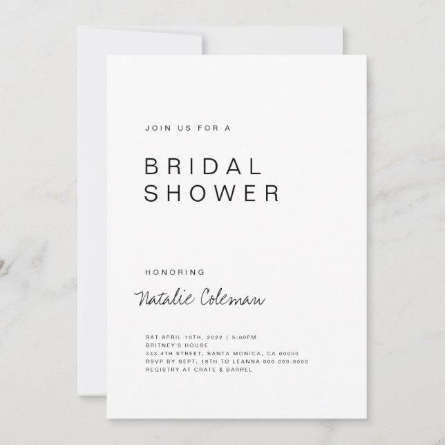 Minimalist Bridal Shower Invitation, Simple Invita Invitation (Front)