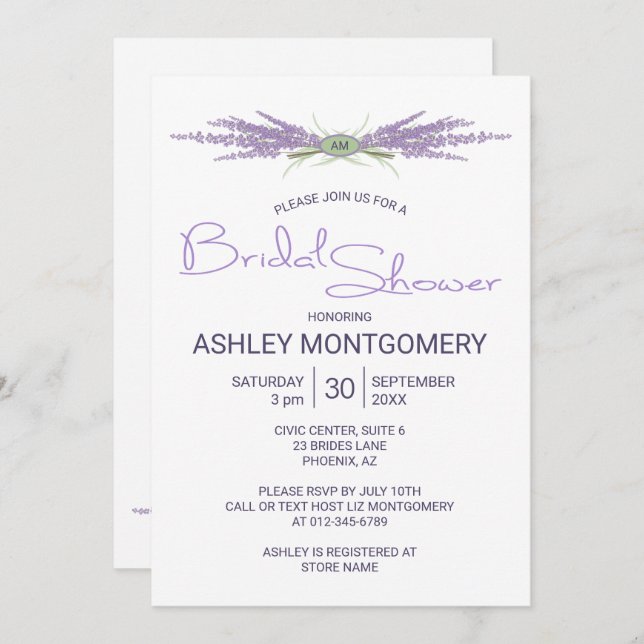 Minimalist Bridal Shower Lavender Flower Bundles Invitation (Front/Back)