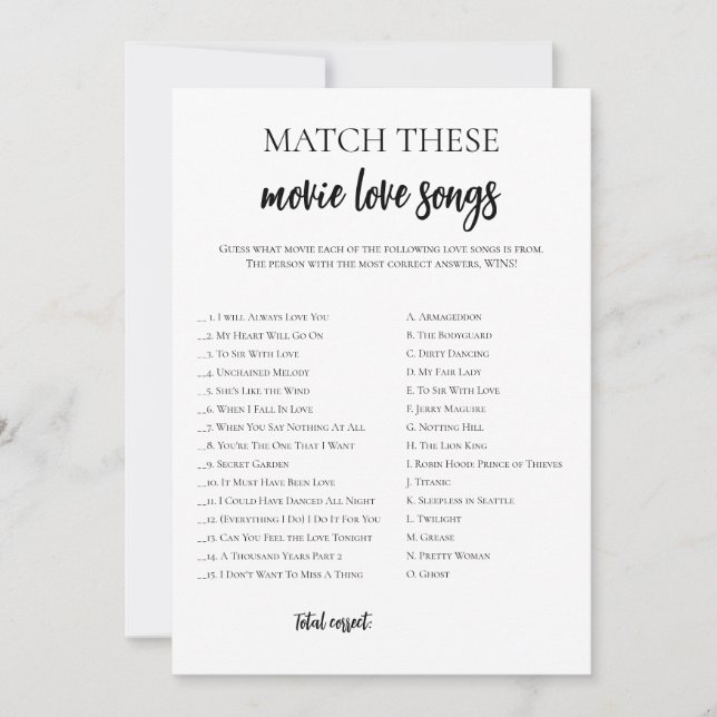 Minimalist Bridal Shower Movie Love Song Match Invitation (Front)