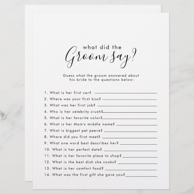Minimalist Bridal Shower What did the Groom Say (Front/Back)
