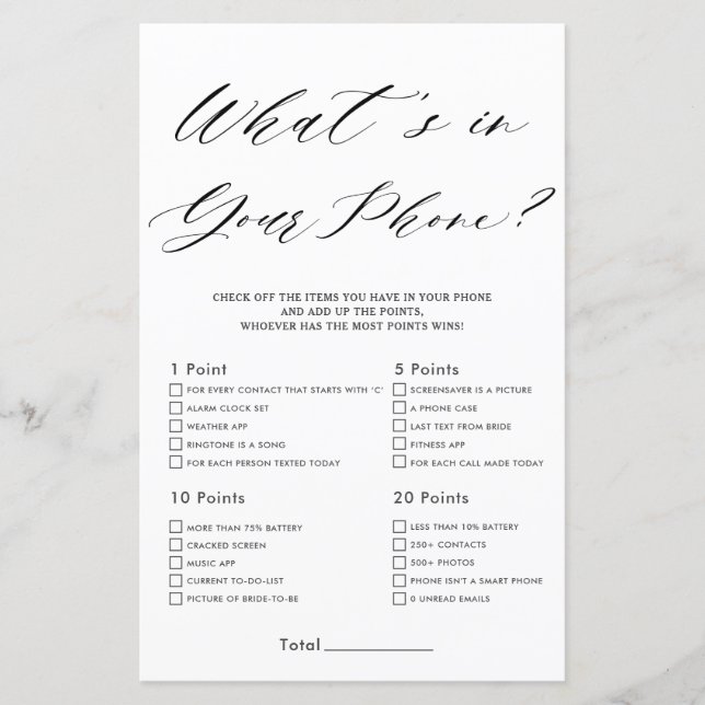 Minimalist Bridal Shower What's In Your Phone Game (Front)
