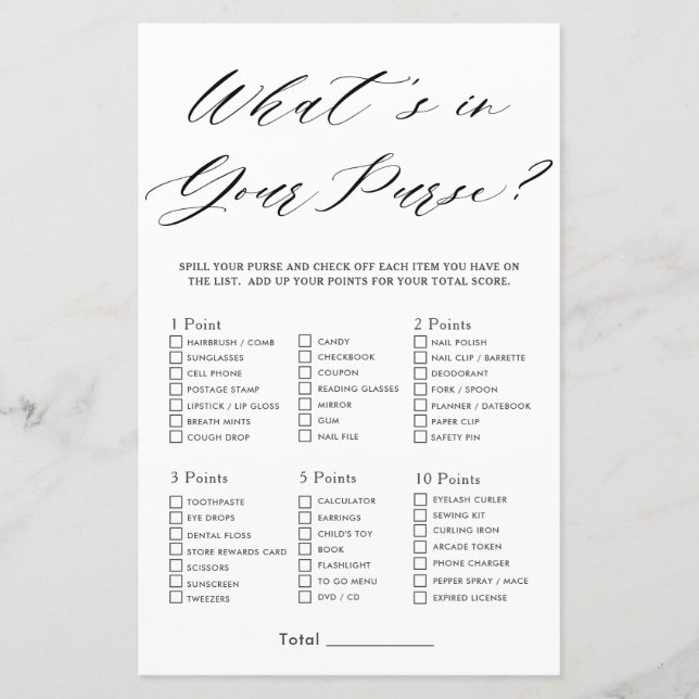 Minimalist Bridal Shower What's In Your Purse Game (Front)