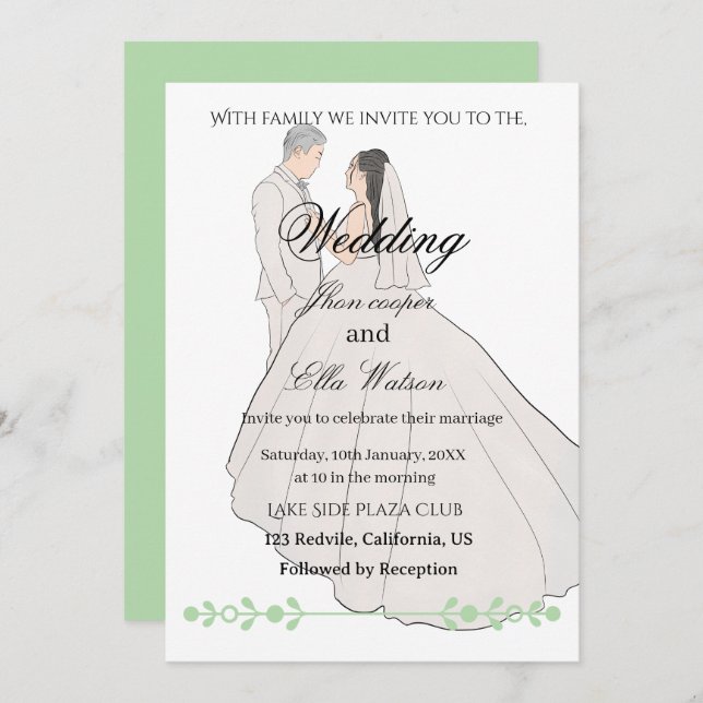 Minimalist Bride and Groom Wedding Illustration Invitation (Front/Back)