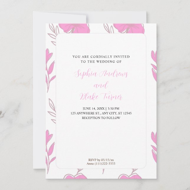 Minimalist Bright Pink and Brown Floral Wedding Invitation (Front)