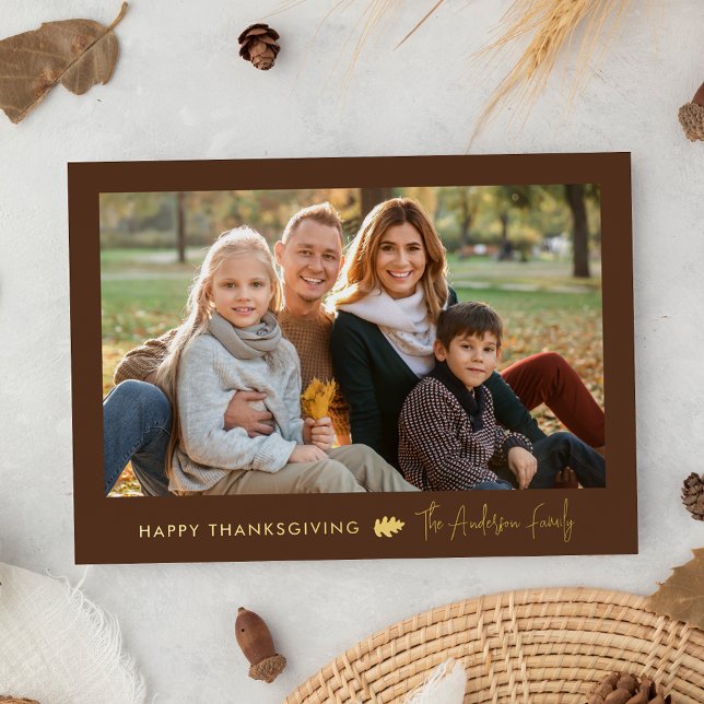 Minimalist Brown and Gold Thanksgiving 2 Photo Foil Holiday Card (Creator Uploaded)
