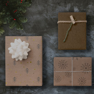 Minimalist Brown Kraft + Black Christmas Trio Gift Wrapping Paper Sheet