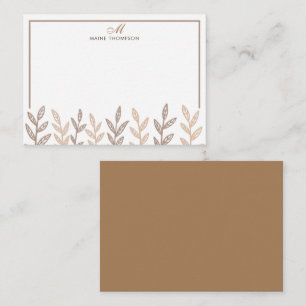 Minimalist Brown Leaves Script Monogram Card