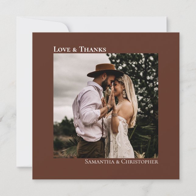 Minimalist Brown Simple Wedding Photo Love & Thank You Card (Front)