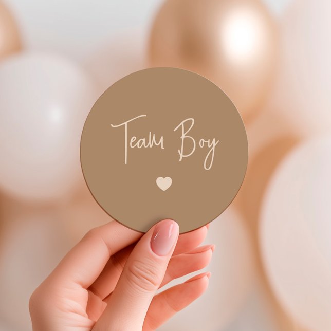 Minimalist Brown Team Boy Gender Reveal Classic Round Sticker (Creator Uploaded)
