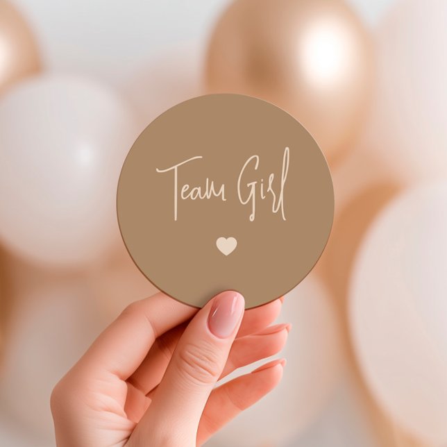 Minimalist Brown Team Girl Gender Reveal Classic Round Sticker (Creator Uploaded)
