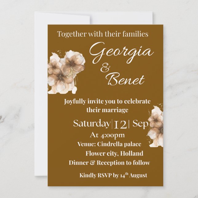 Minimalist Brown & White Custom Wedding Invite (Front)