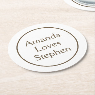 Minimalist Brown White Wedding Modern Engagement Round Paper Coaster