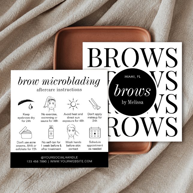 Minimalist Brows Lamination Microblading Aftercare Square Business Card (Brows microblading & lamination aftercare instructions cards with icons)