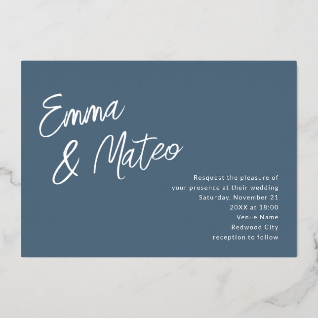 Minimalist Brush Calligraphy Wedding Dusty Blue (Front)