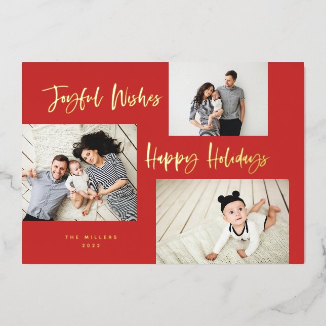 Minimalist Brush Script 3 Collage Photo Red Foil Holiday Card (Front)