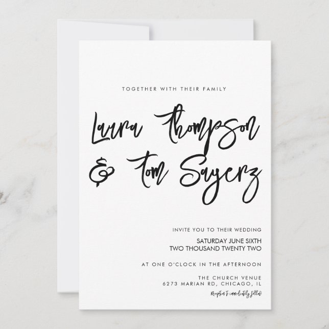 Minimalist Brush Script Black White Wedding Invitation (Front)