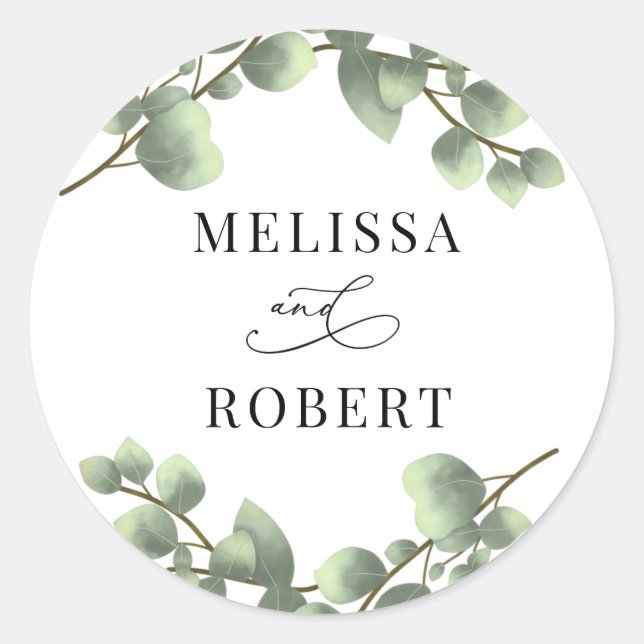 Minimalist Budget Eucalyptus Wedding Classic Round Sticker (Front)