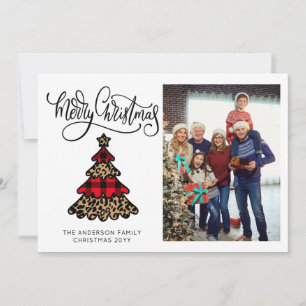 Minimalist Buffalo Plaid & Leopard Tree Photo  Holiday Card