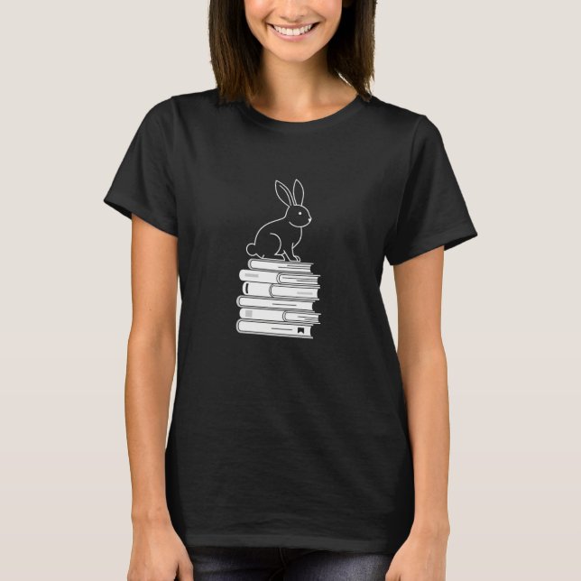 Minimalist Bunny Book Stack - Vector Reading Art T-Shirt (Front)