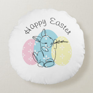 Minimalist Bunny Line Art Easter Eggs Spring Round Cushion