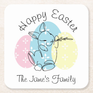 Minimalist Bunny Line Art Easter Eggs Spring Square Paper Coaster