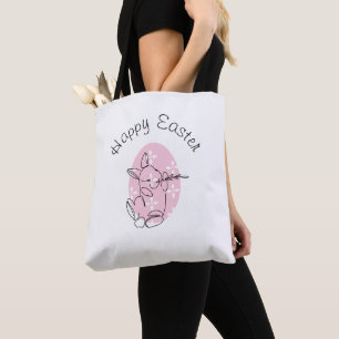 Minimalist Bunny Line Art Pink Egg Spring Tote Bag
