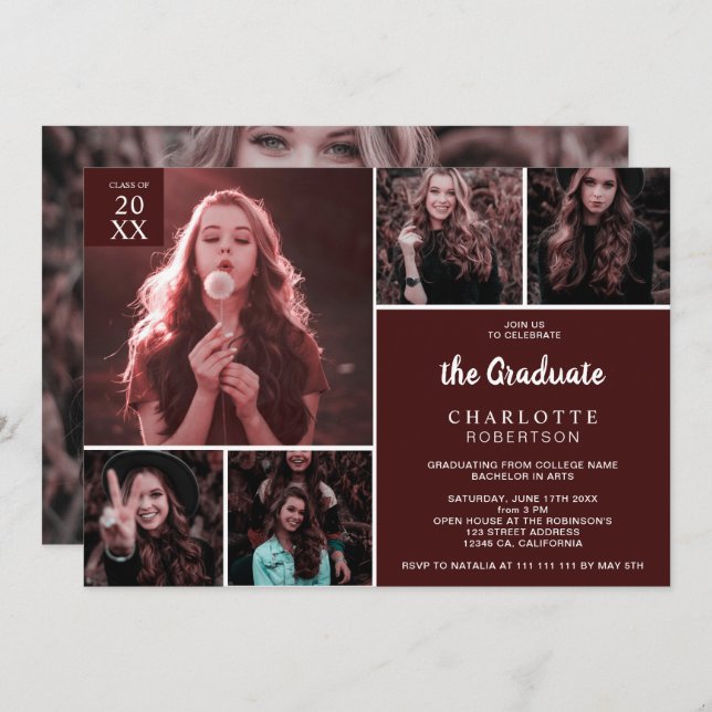 Minimalist burgundy 6 photos collage graduation invitation (Front/Back)
