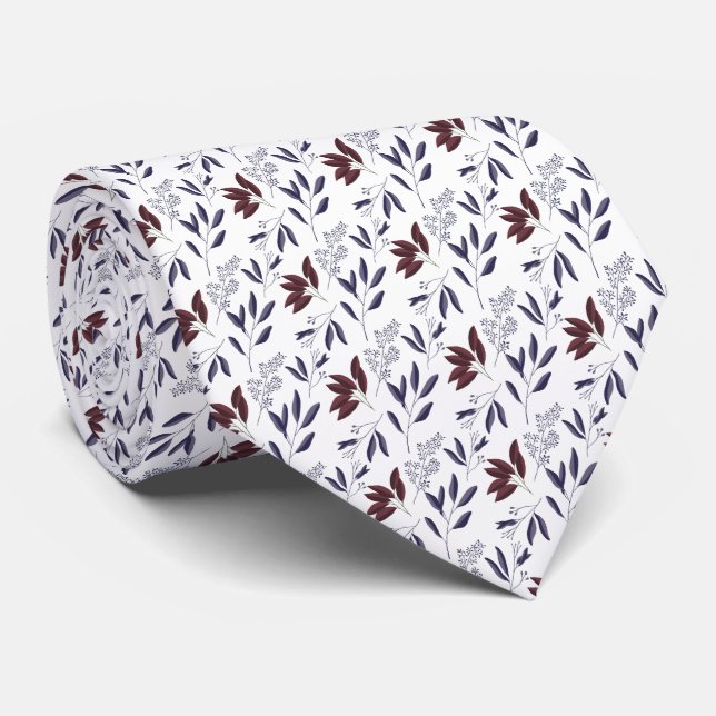Minimalist Burgundy and Blue Leaf Stems and Flower Tie (Rolled)