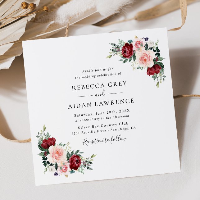 Minimalist Burgundy Blush Floral Wedding Square Invitation (Creator Uploaded)